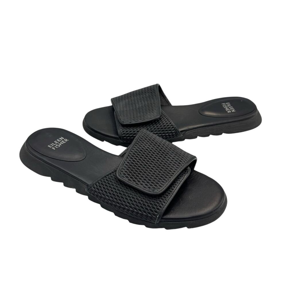 Eileen Fisher Black Textured Adjustable Hook & Loop Open Toe Flat Slide Sandals